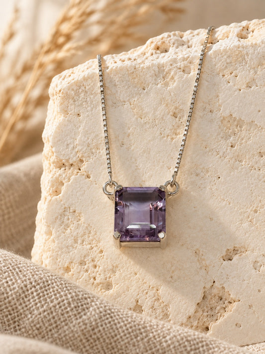 Faceted Amethyst 925 Sterling Silver Square Pendant Necklace