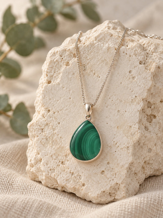 Malachite 925 Sterling Silver Teardrop Pendant Necklace