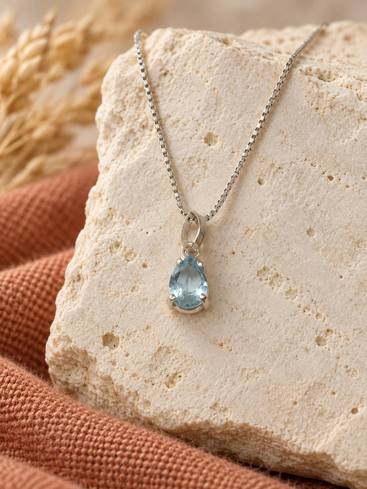 Blue Topaz 925 Sterling Silver Teardrop Pendant Necklace
