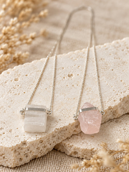 Selenite and Rose Quartz 925 Sterling Silver Scapular Necklace