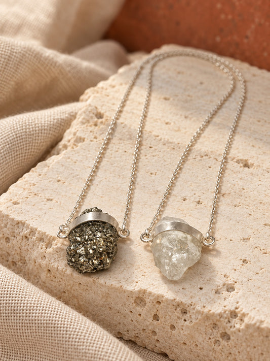 Pyrite and Clear Quartz 925 Sterling Silver Scapular Necklace