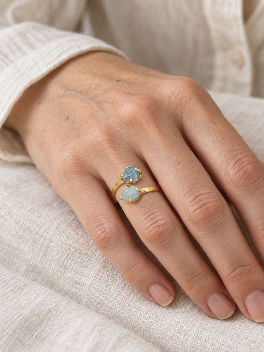 Raw Aquamarine 18k Gold Vermeil Double Stone Bypass Ring