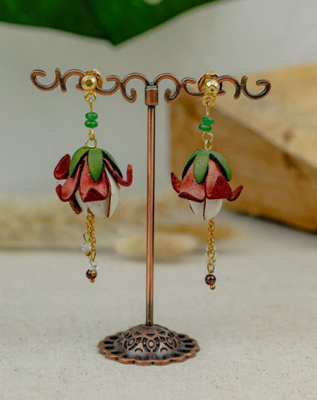 Princess Flower & Crystal Leather Drop Earrings — Red & Ivory