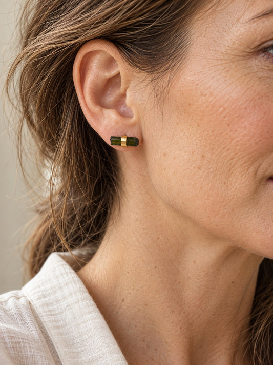 Green Tourmaline 18k Gold Vermeil Column Stud Earrings