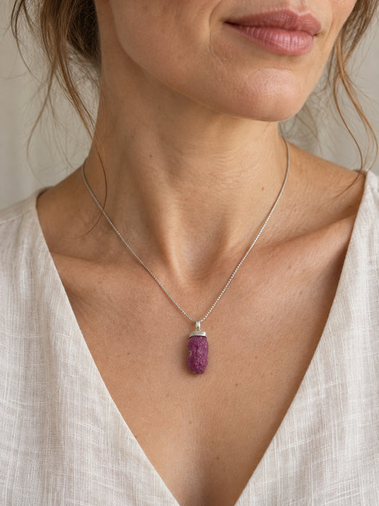 Raw Ruby 925 Sterling Silver Pendant Necklace