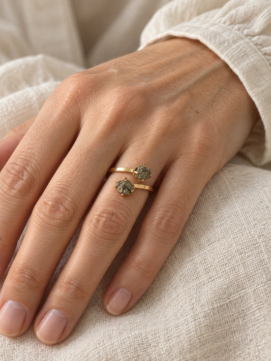Raw Pyrite 18k Gold Vermeil Double Stone Bypass Ring