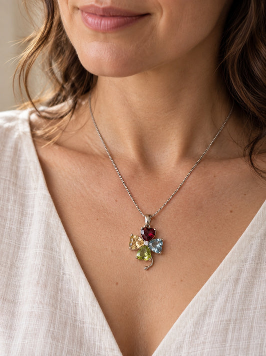 Multi Gemstone 925 Sterling Silver Four Leaf Clover Pendant Necklace