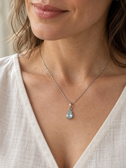 Blue Topaz 925 Sterling Silver Teardrop Pendant Necklace