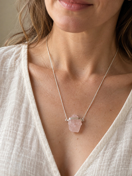 Selenite and Rose Quartz 925 Sterling Silver Scapular Necklace