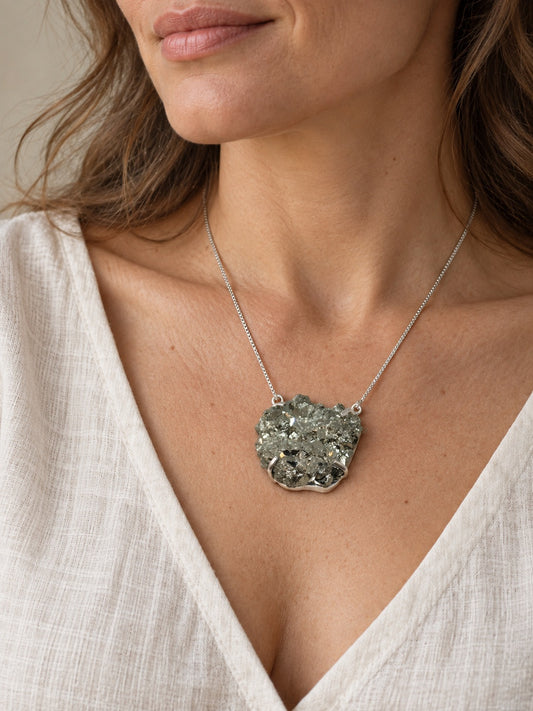 Pyrite 925 Sterling Silver Round Cluster Pendant Necklace