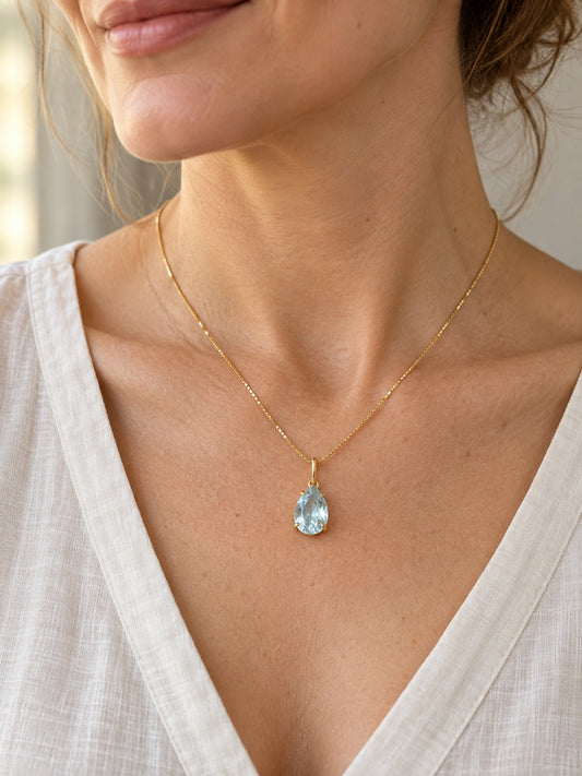 Faceted Aquamarine 18k Gold Vermeil Pear Pendant Necklace, Light Blue