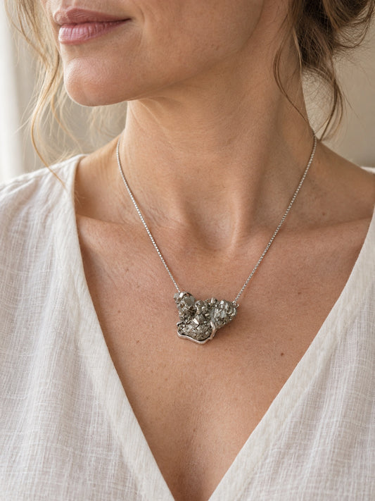 Pyrite 925 Sterling Silver Flat Cluster Pendant Necklace