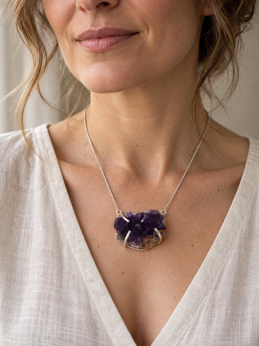 Amethyst Druzy 925 Sterling Silver Pendant Necklace
