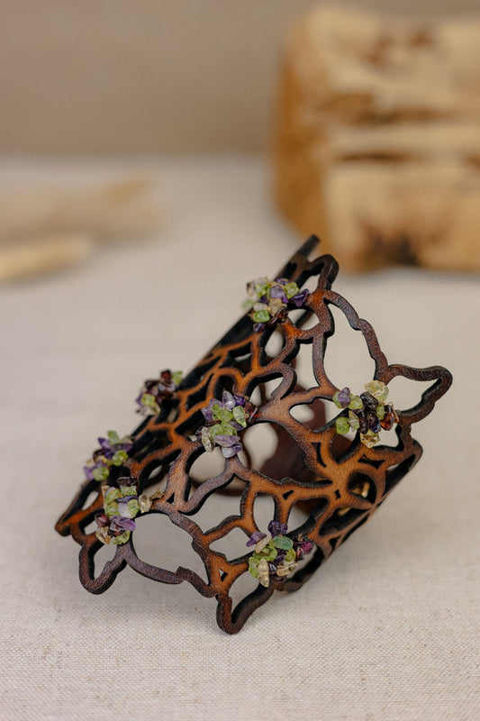 Orchid Cutwork Leather Cuff, Natural Gemstones