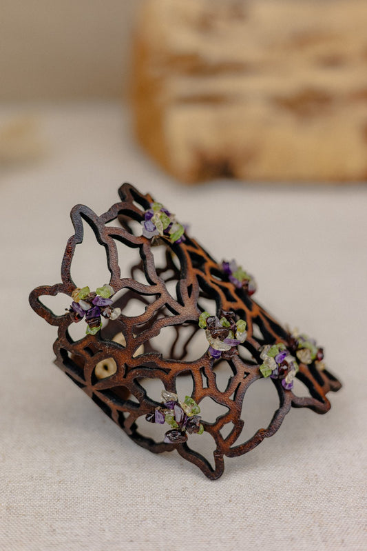 Orchid Cutwork Leather Cuff, Natural Gemstones