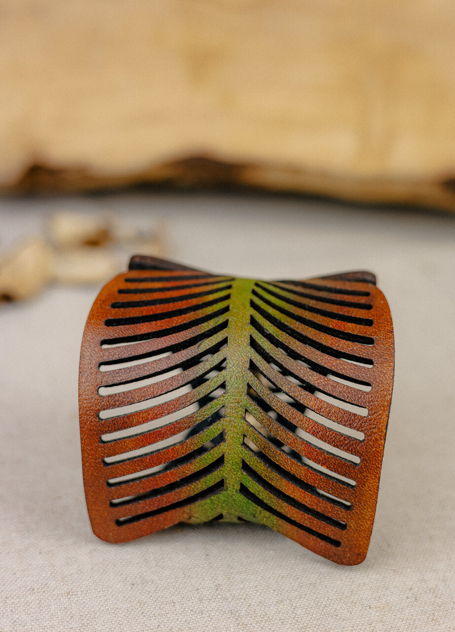Leaf Vein Leather Cuff Bracelet — Terracotta & Green