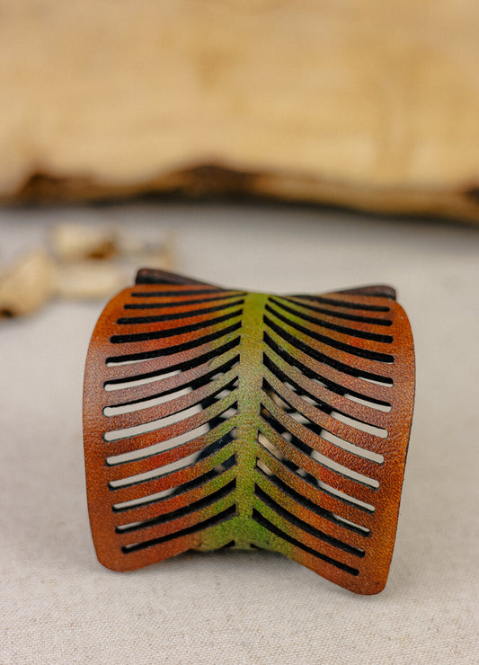 Leaf Vein Leather Cuff Bracelet — Terracotta & Green
