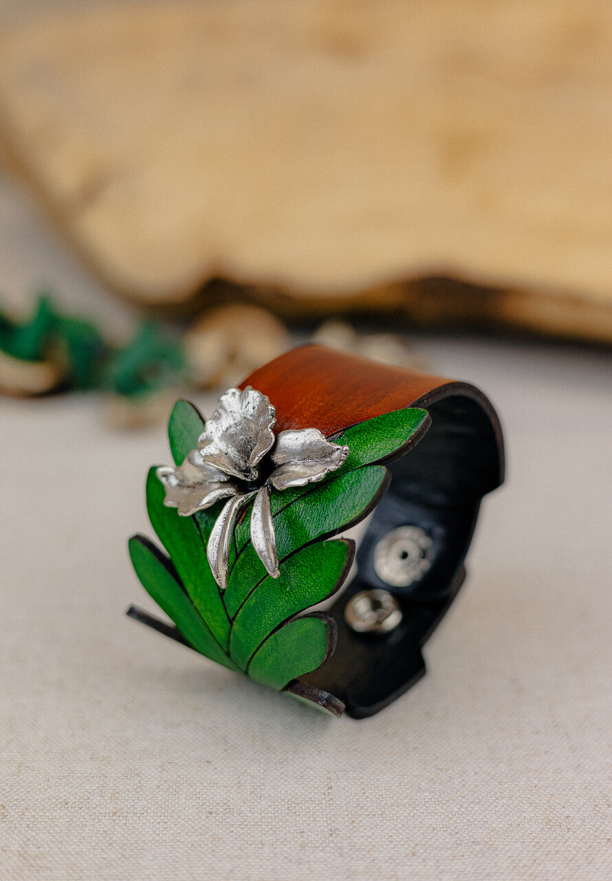 Silver Orchid & Leaf Leather Cuff Bracelet — Tan