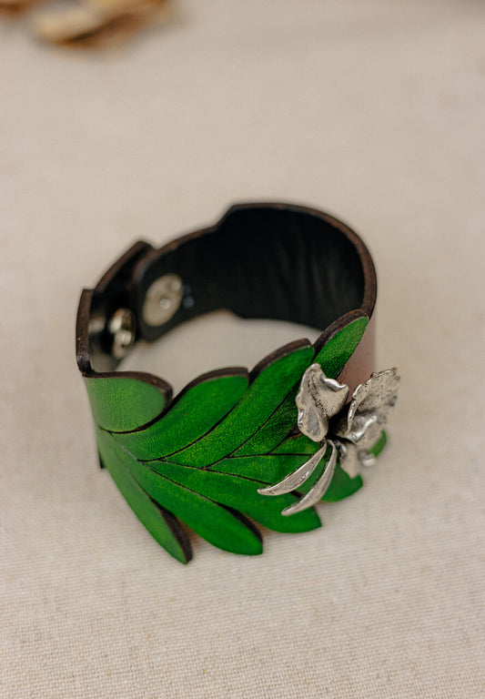 Silver Orchid & Leaf Leather Cuff Bracelet — Tan