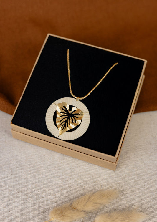 Buriti Palm & Gold Monstera Leaf Pendant Necklace