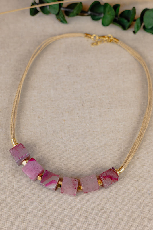 Buriti Palm Necklace with Pink Agate Cubes
