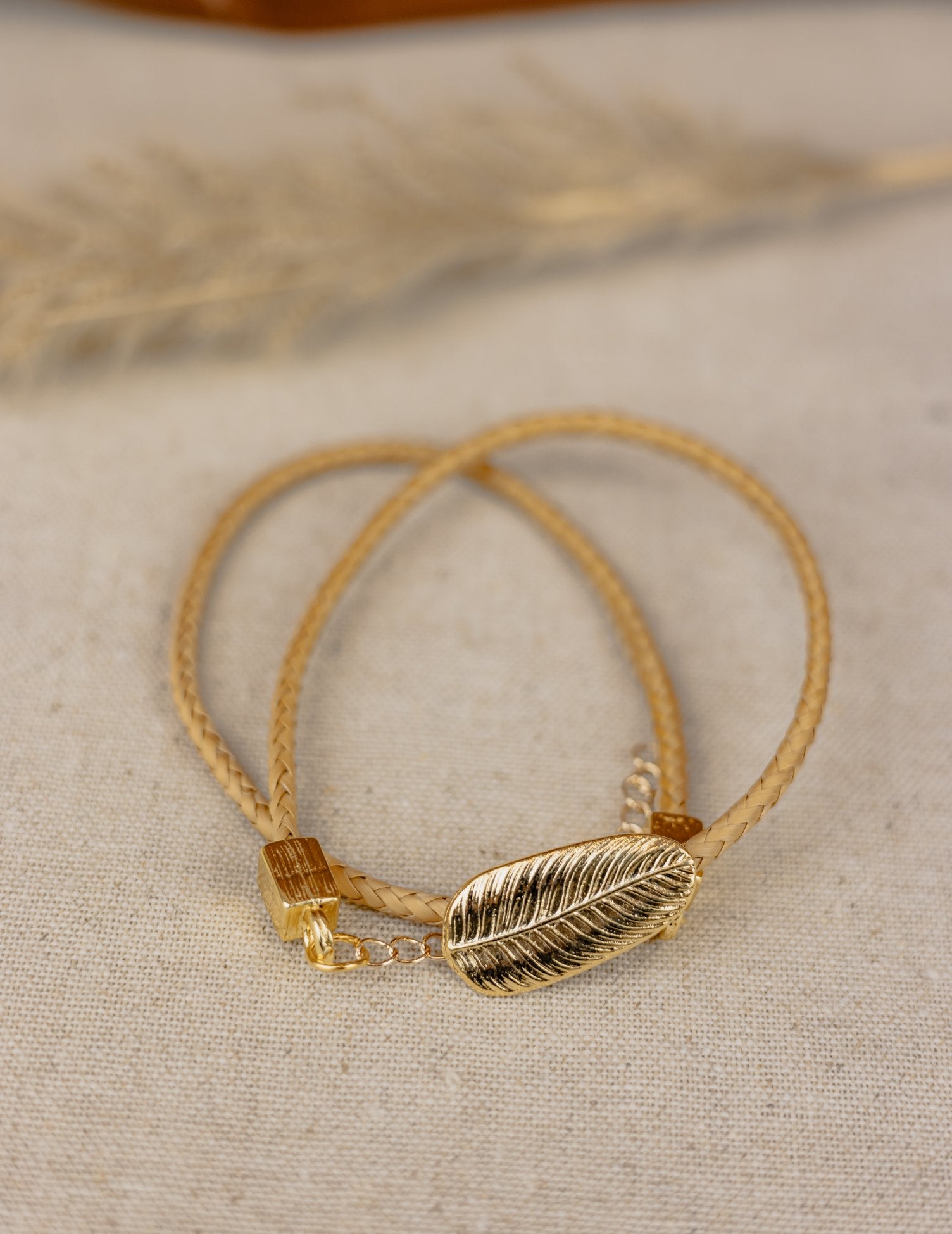 Buriti Palm Braided Bracelet with Gold Leaf Charm