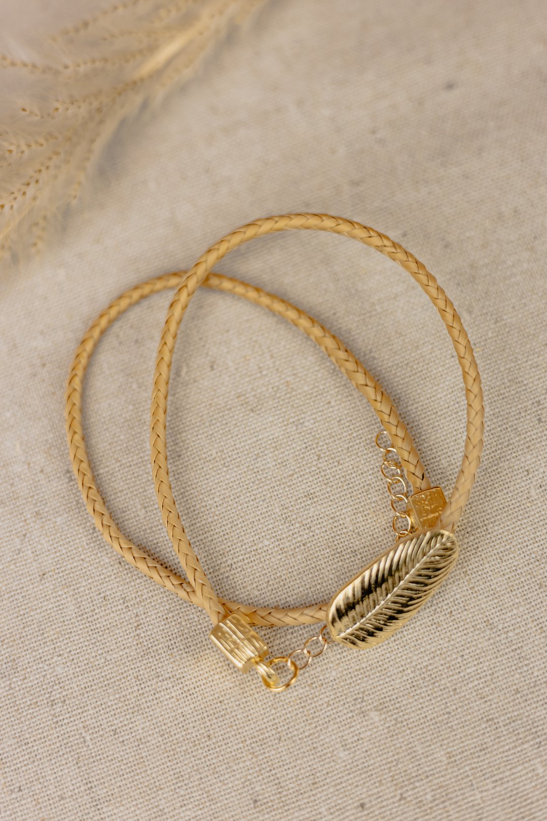 Buriti Palm Braided Bracelet with Gold Leaf Charm