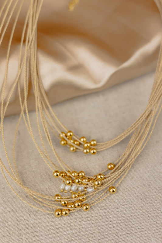 Buriti Palm Multi-Strand Necklace with Gold & Pearl Cluster