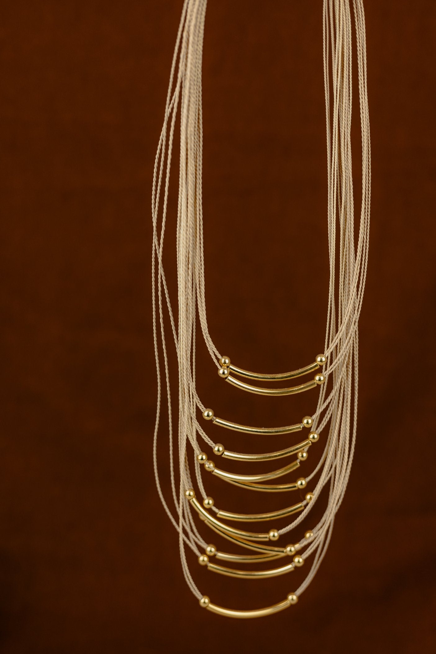 Buriti Palm Long Multi-Strand Necklace with Gold Tubes