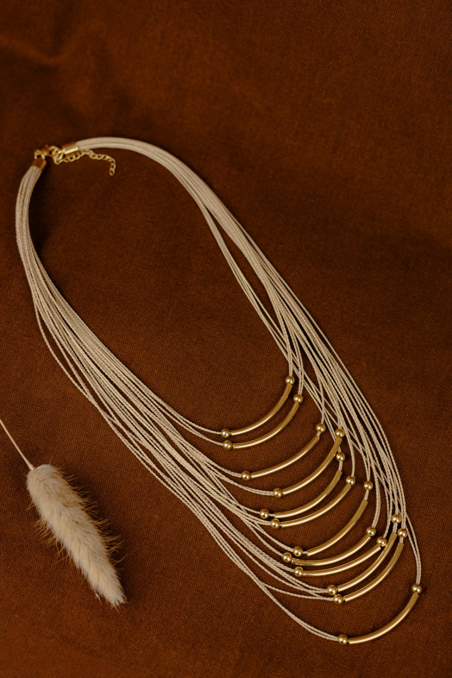 Buriti Palm Long Multi-Strand Necklace with Gold Tubes