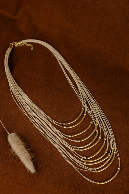 Buriti Palm Long Multi-Strand Necklace with Gold Tubes