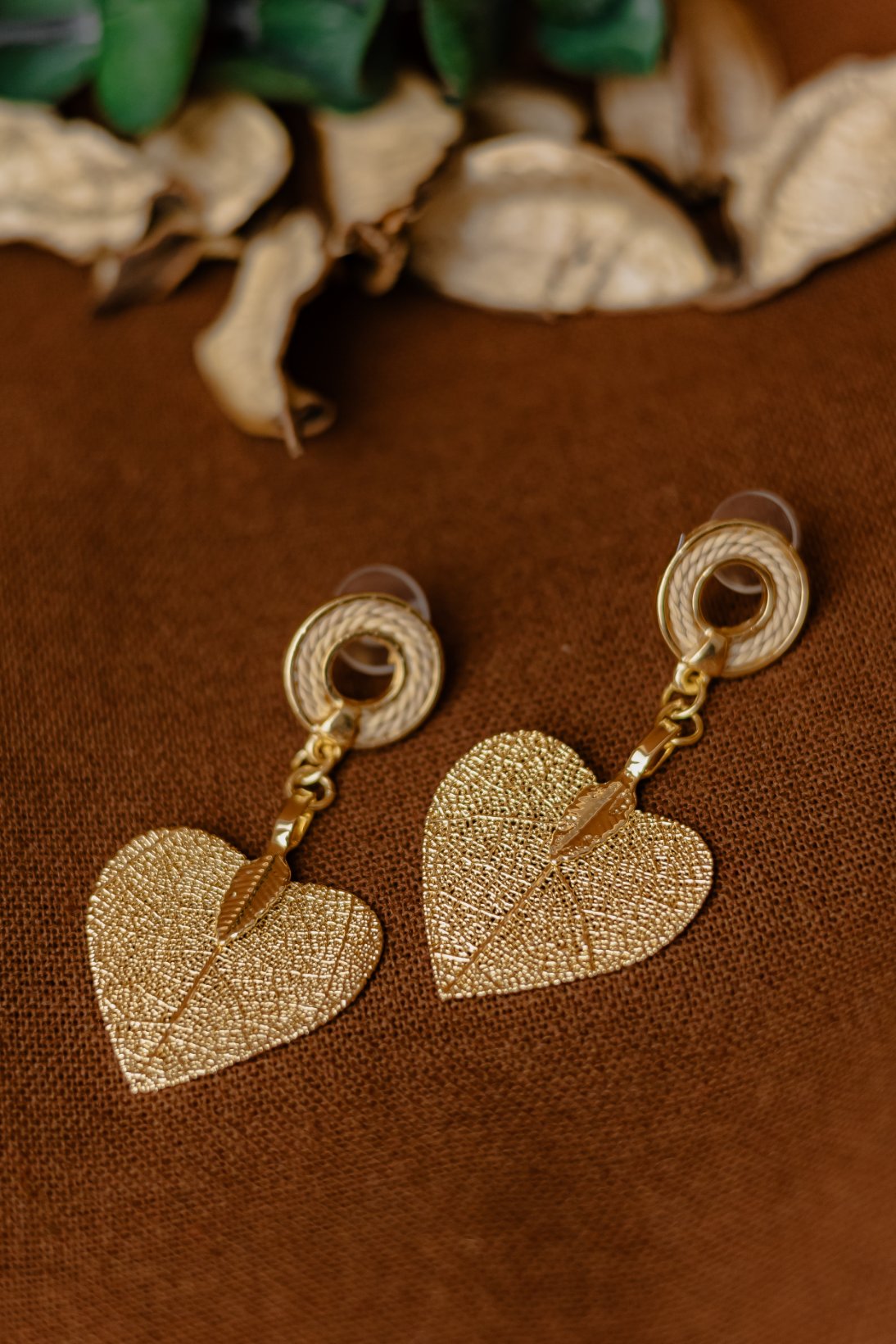 Buriti Palm Stud & Gold Heart Leaf Drop Earrings