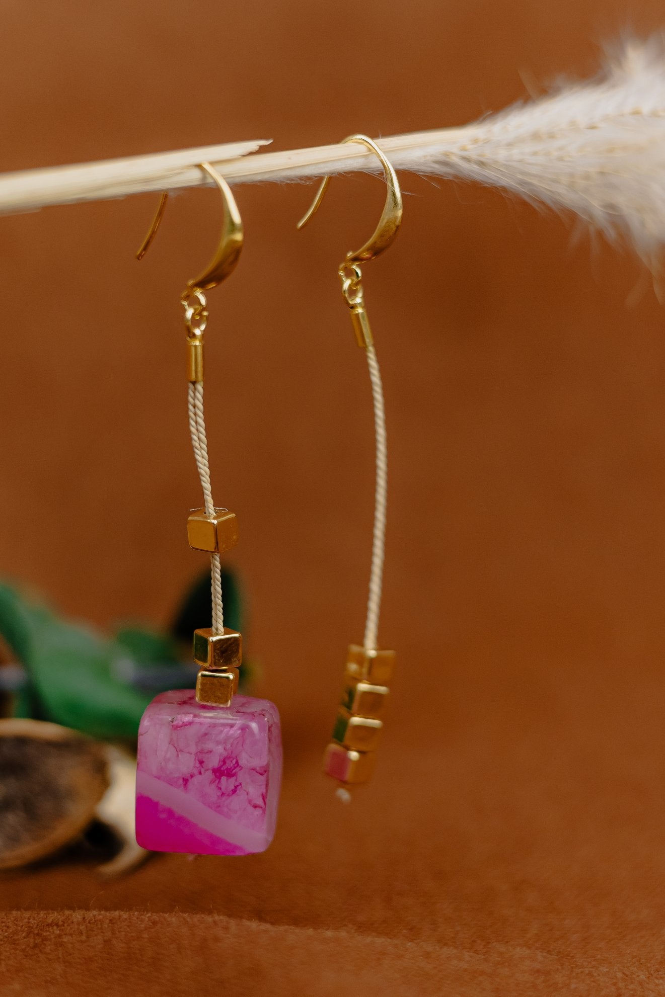 Buriti Palm & Pink Agate Drop Earrings