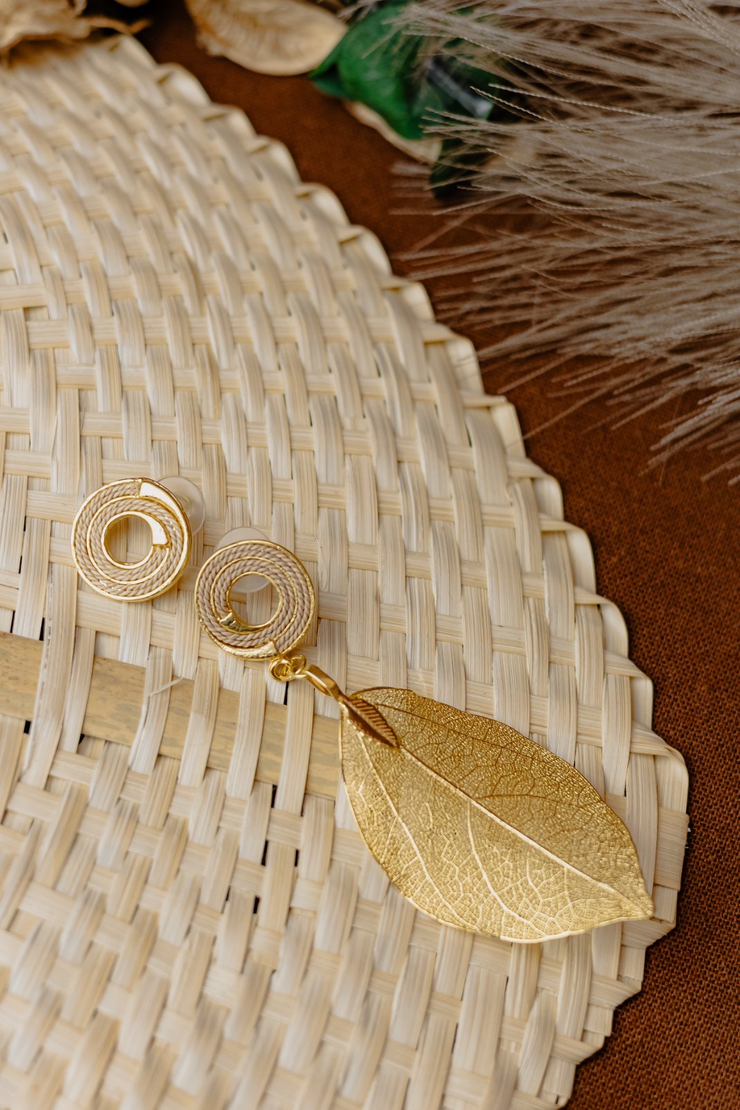 Buriti Palm Spiral Stud & Gold Filigree Leaf Drop Earrings