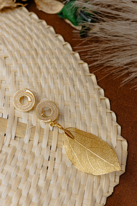 Buriti Palm Spiral Stud & Gold Filigree Leaf Drop Earrings