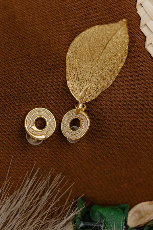 Buriti Palm Spiral Stud & Gold Filigree Leaf Drop Earrings