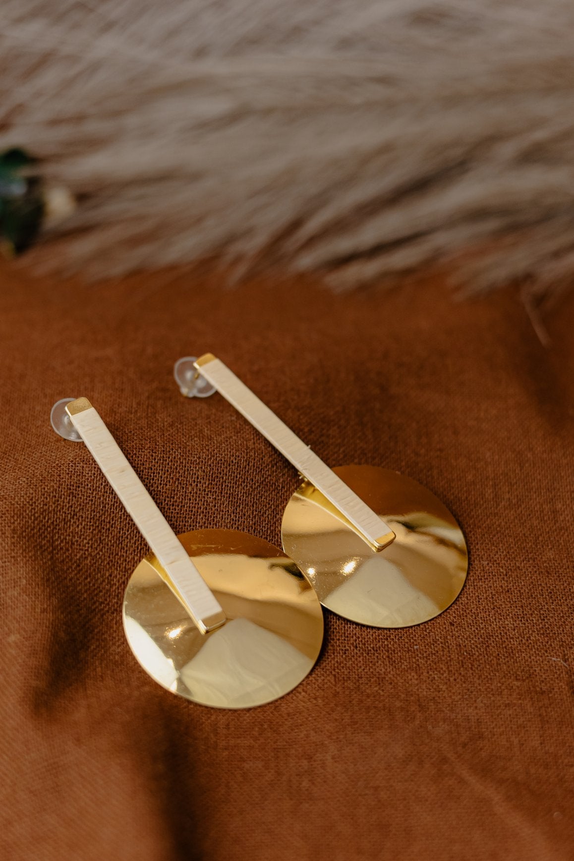 Buriti Palm Bar & Gold Disc Drop Earrings