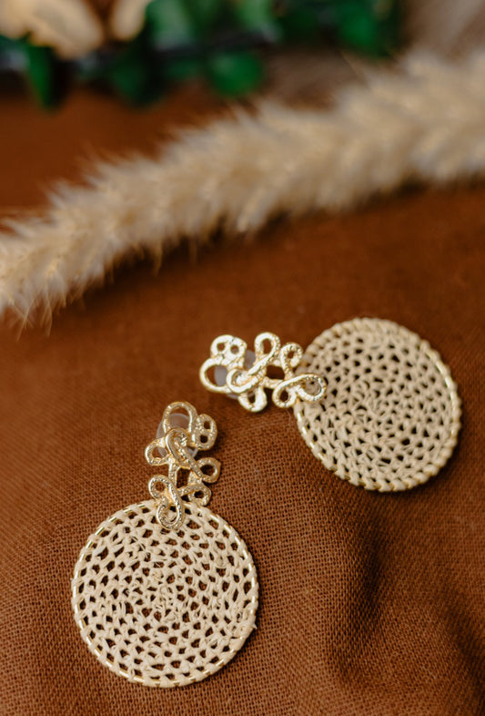 Buriti Palm Filigree Stud & Woven Mesh Disc Drop Earrings