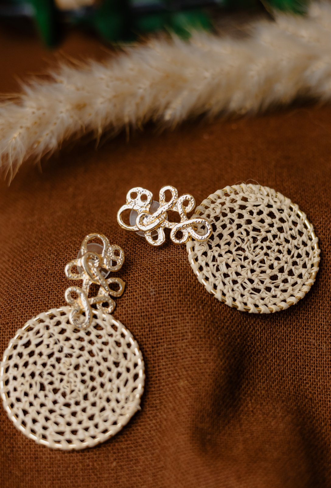 Buriti Palm Filigree Stud & Woven Mesh Disc Drop Earrings