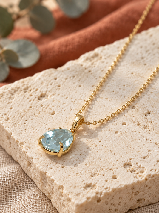 Faceted Aquamarine 18k Gold Vermeil Pear Pendant Necklace, Light Blue