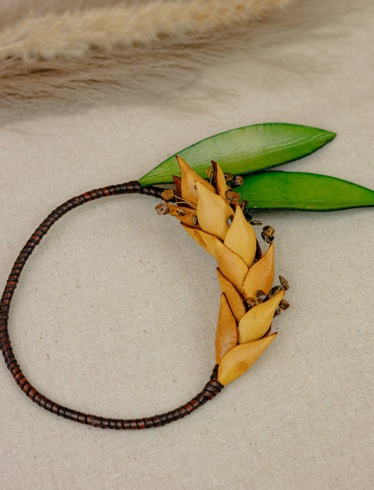 Heliconia & Leaf Seed Leather Necklace — Amber & Green