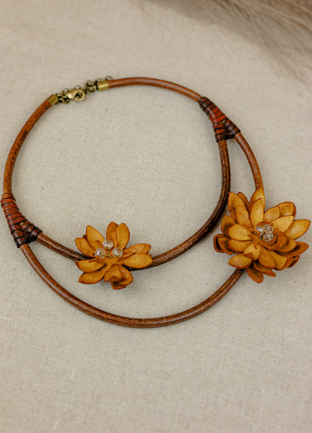 Lotus & Pearl Leather Double Cord Necklace — Amber