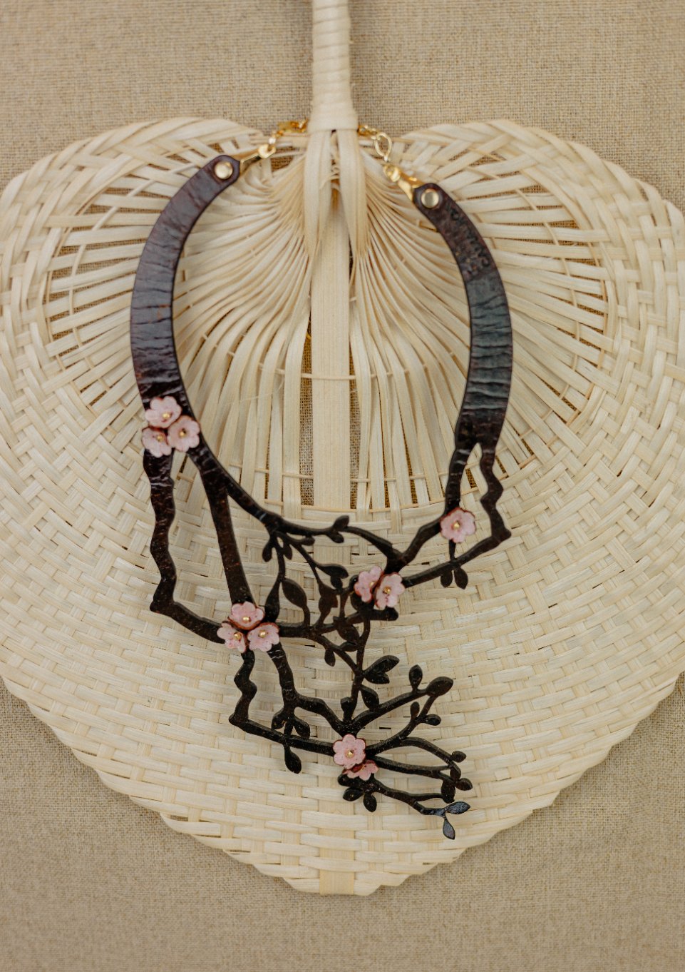 Cherry Blossom & Twig Leather Collar Necklace — Black & Pink