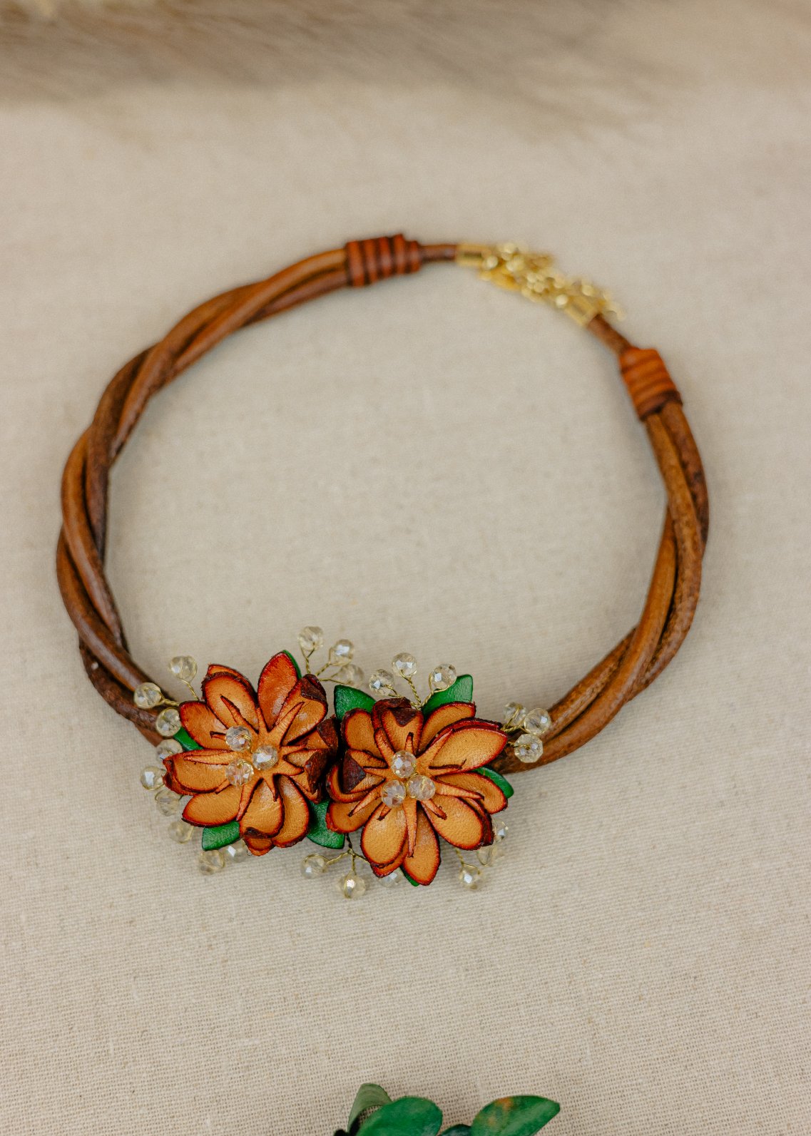 Flower & Crystal Leather Twisted Cord Necklace — Amber