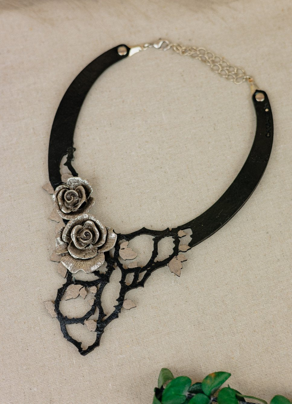 Double Rose & Twig Leather Collar Necklace — Black & Silver