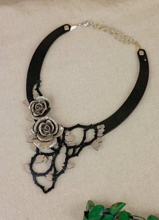 Double Rose & Twig Leather Collar Necklace — Black & Silver