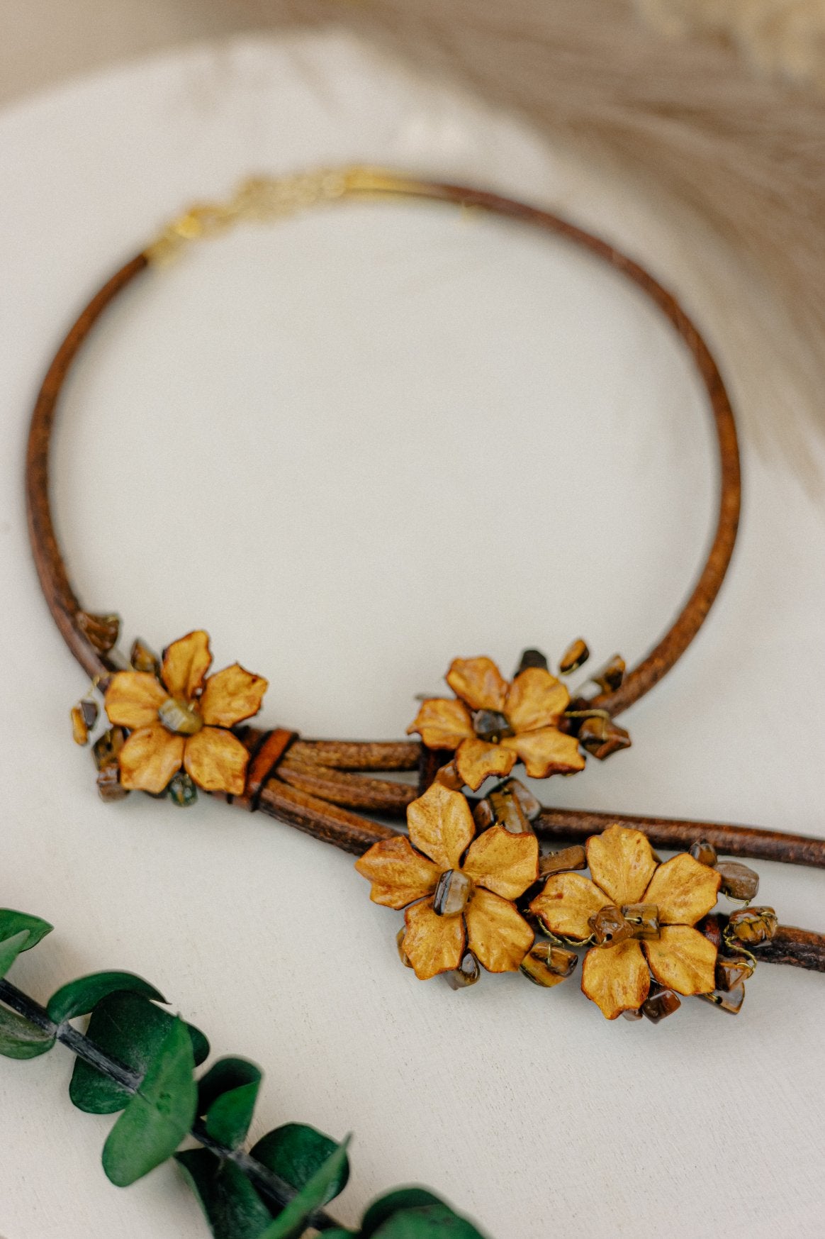Orchid & Tiger's Eye Leather Cord Necklace — Amber