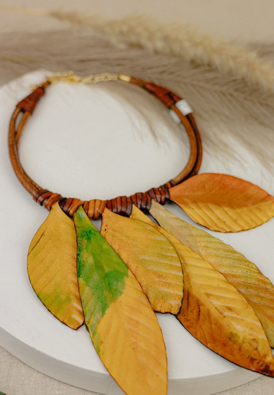 Autumn Leaf Leather Cord Necklace — Multicolour