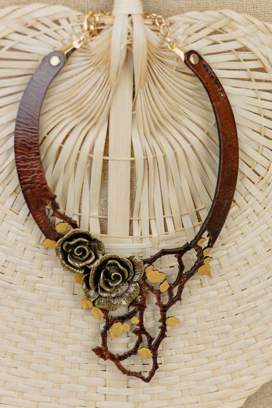Double Rose & Twig Leather Collar Necklace — Antique Gold
