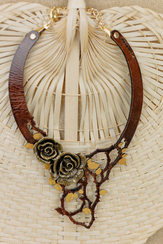 Double Rose & Twig Leather Collar Necklace — Antique Gold